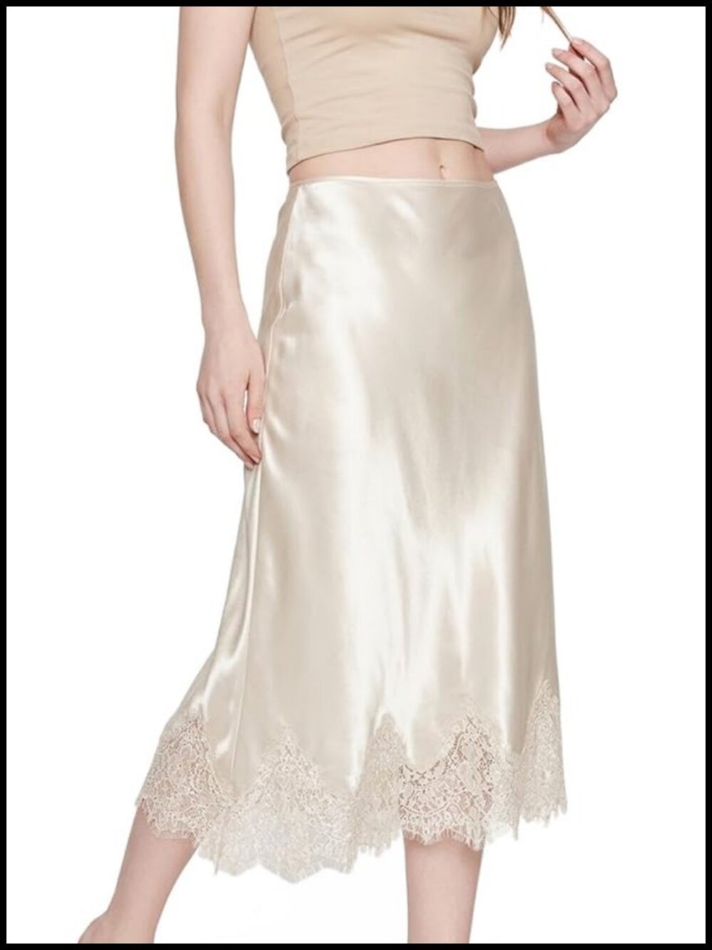 Lace Trim Satin Midi Skirt High Waisted A-Line Flowy Silk